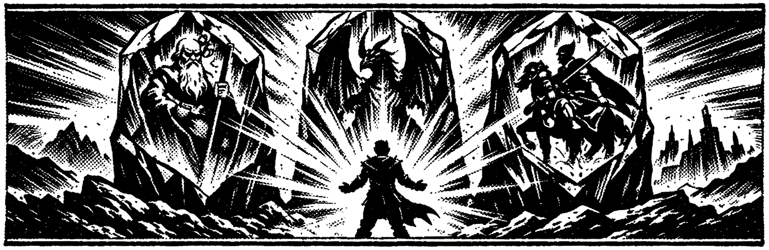 Ink frieze of Final Fantasy VI magicite shards standing over a rising Returner silhouette.