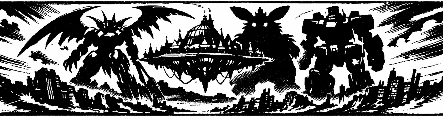 Ink frieze of Emeralda's Crescens, giant Chu-Chu, and Maria's Seibzehn standing together above the floating city of Shevat.