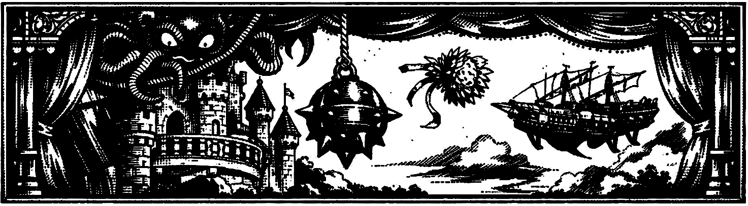 Ink frieze of the Opera House stage — Maria's thrown bouquet, Ultros in the rafters above a stage weight, and Setzer's airship beyond.