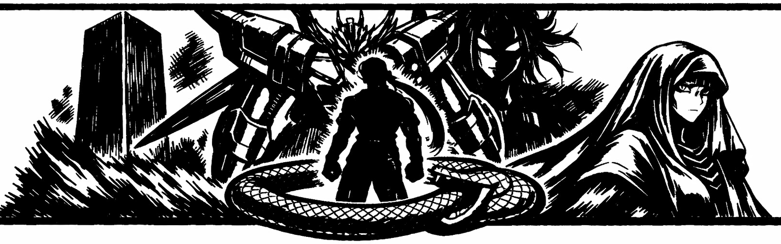 Ink frieze of the Zohar monolith, the Gear Weltall with Id rising behind Fei, and the Ouroboros coiled beneath
