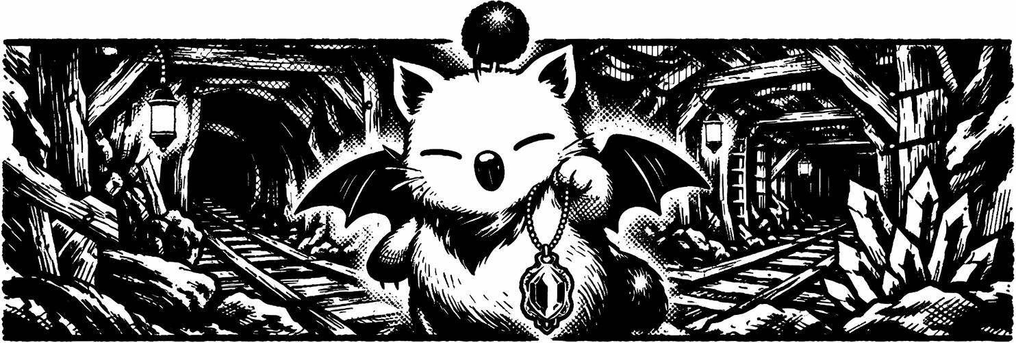 Ink frieze of Mog the moogle beside Molulu's Charm in the quiet, monster-empty tunnels of the Narshe Mines.