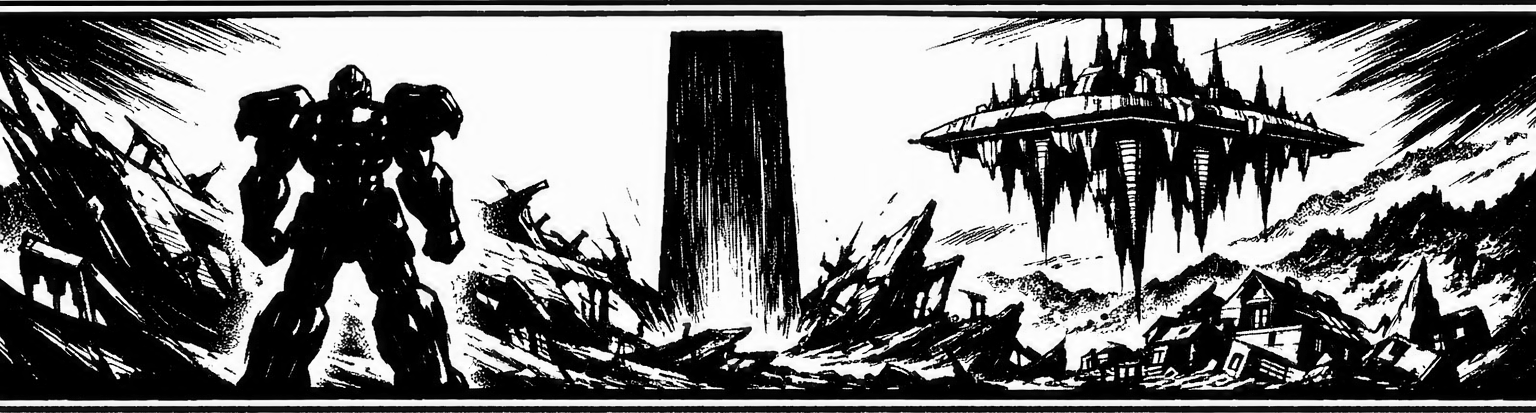 Ink frieze of Weltall silhouetted before the broken hull of the Eldridge, with the Zohar and the floating spires of Solaris