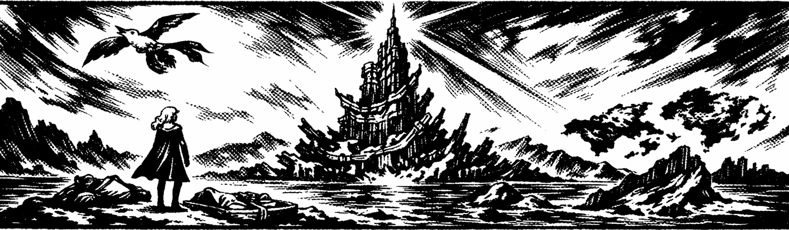 Ink frieze of Kefka's Tower and the Light of Judgment above the shattered World of Ruin, with Celes and Cid's raft on the shore.