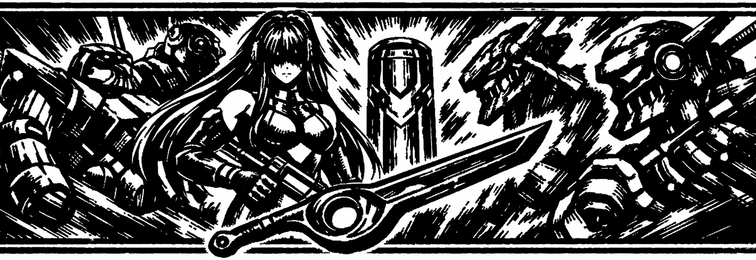 Ink frieze of a Xenogears Gear, KOS-MOS, the titans Bionis and Mechonis, the Monado, and the Zohar monolith.