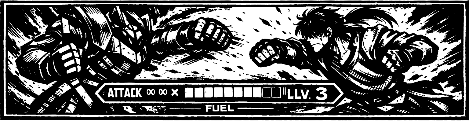 Ink frieze of Weltall mid-Deathblow beside a bare-fisted fighter, a Gear fuel-and-attack gauge running between them.