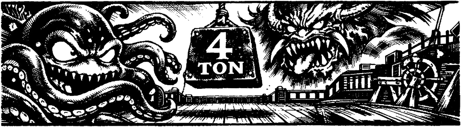 Ink frieze of Ultros the octopus and his tentacles beneath the opera's four-ton weight, with Typhon and the Blackjack airship behind him