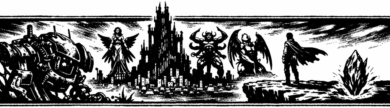 Ink frieze of Kefka's Tower and the Warring Triad statues over a broken skyline, a lone figure at the Solitary Island cliff, an abandoned Magitek armor, and a shard of magicite.