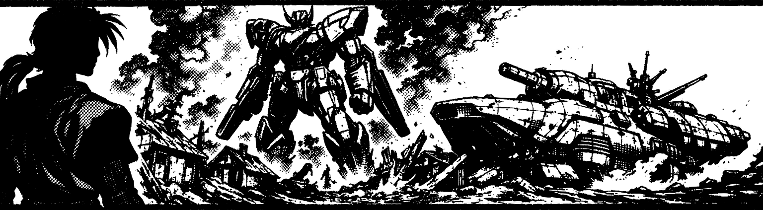 Ink frieze of the Gear Weltall standing over ruined Lahan with the Yggdrasil land-ship behind it