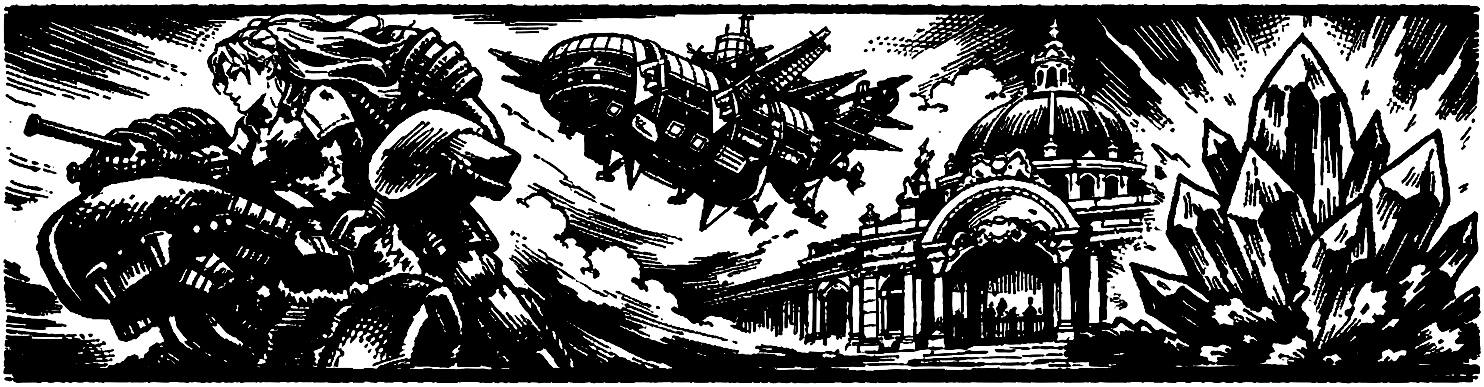 Ink frieze of Terra in Magitek Armor, the airship Blackjack, the Opera House, and a cluster of Esper Magicite from Final Fantasy VI.