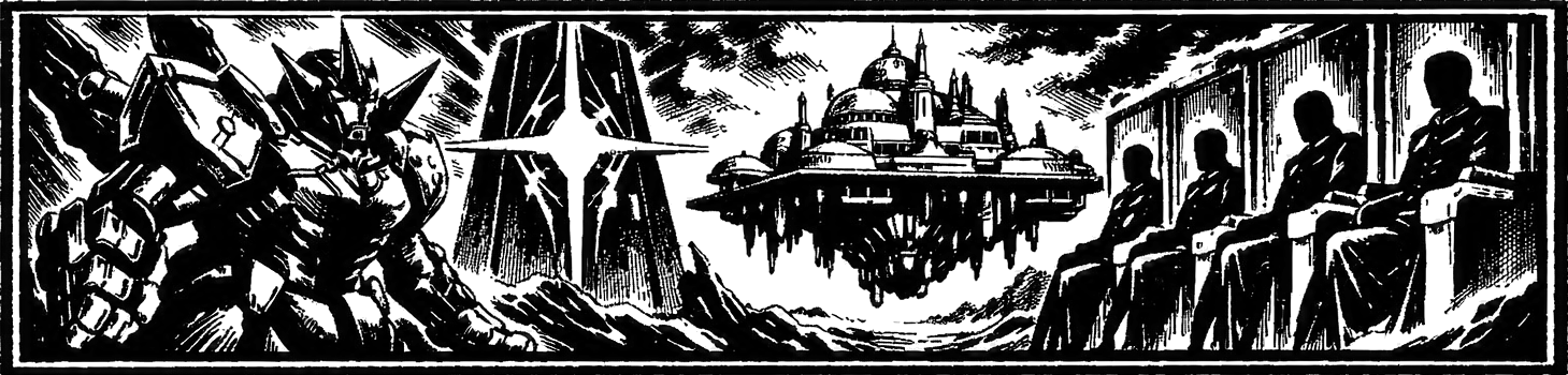 Ink frieze of the gear Weltall standing beneath the Zohar, with the floating city of Solaris and the seated panels of the Gazel Ministry above.