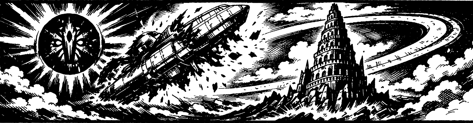 Ink frieze of the Zohar monolith, the breaking Eldridge, and Babel Tower