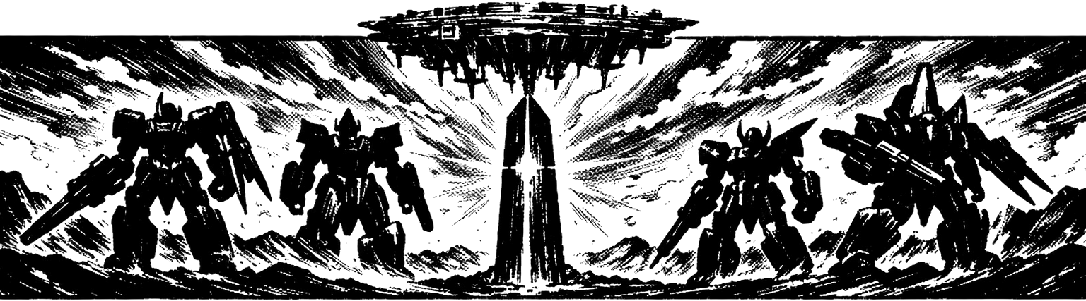 Ink frieze of the Gear Xenogears on the desert continent of Ignas, the floating empire of Solaris in the sky above, and the Zohar monolith rising at the centre.