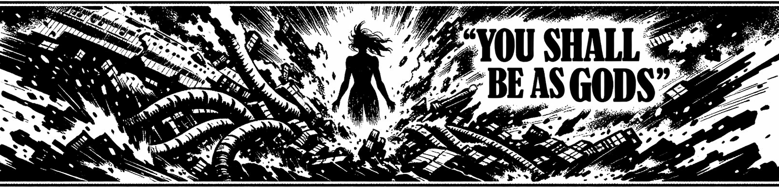 Ink frieze of the Eldridge breaking apart, serpents bursting from its hull, and the mother of humanity rising from the wreckage.